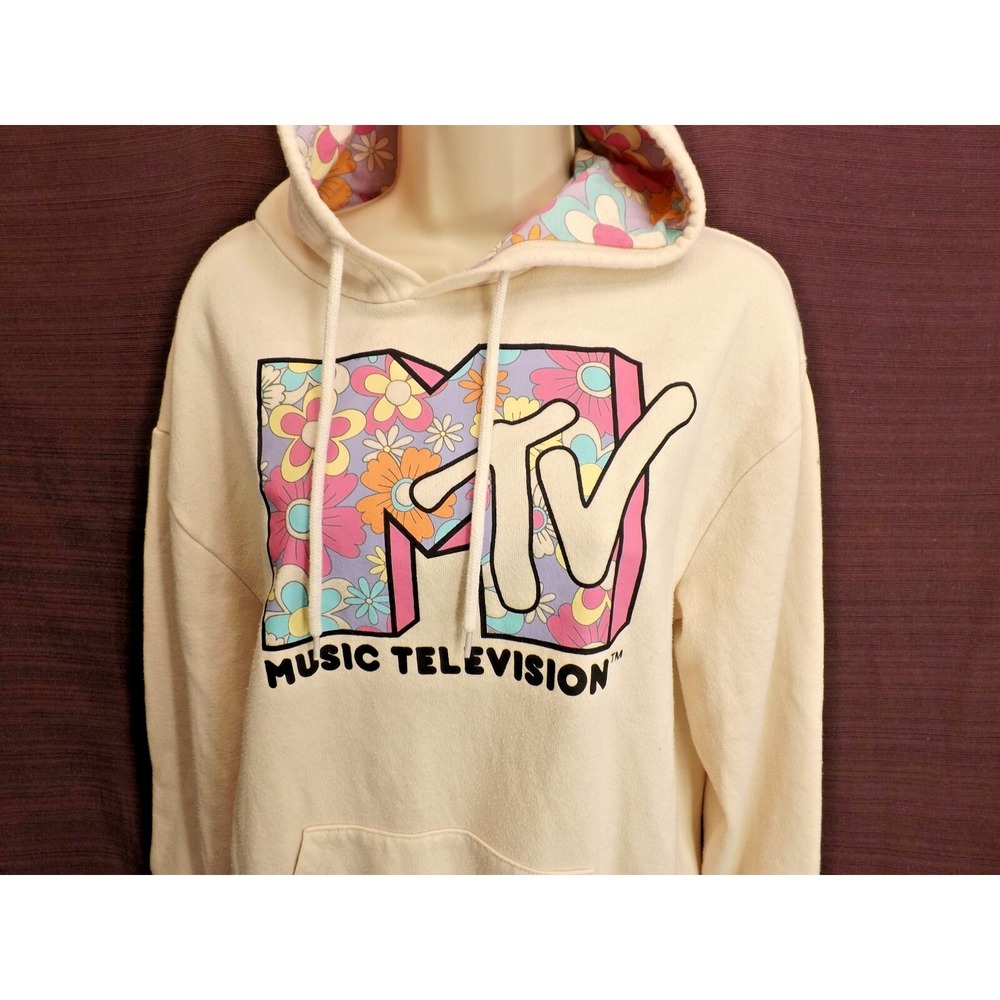 MTV Women's Pullover Cream Hoodie floral Hood - Size Medium Long sleeves - Picture 2 of 13